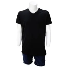 V Yaka Siyah T-Shirt Yanları Dikişli Düz Yaka