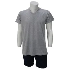 V Yaka Gri T-Shirt Yanları Dikişli Düz Yaka