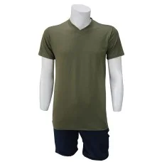 V Yaka Haki T-Shirt Yanları Dikişli Düz Yaka