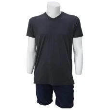 V Yaka Füme T-Shirt Yanları Dikişli Düz Yaka